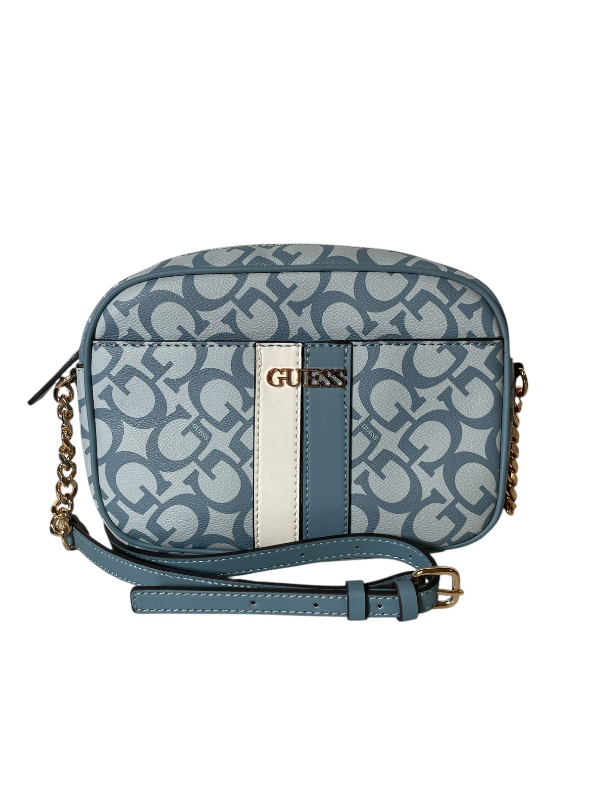 Bolsa GUESS Azul Estilo Camera Bag con Correa de Cadena.
